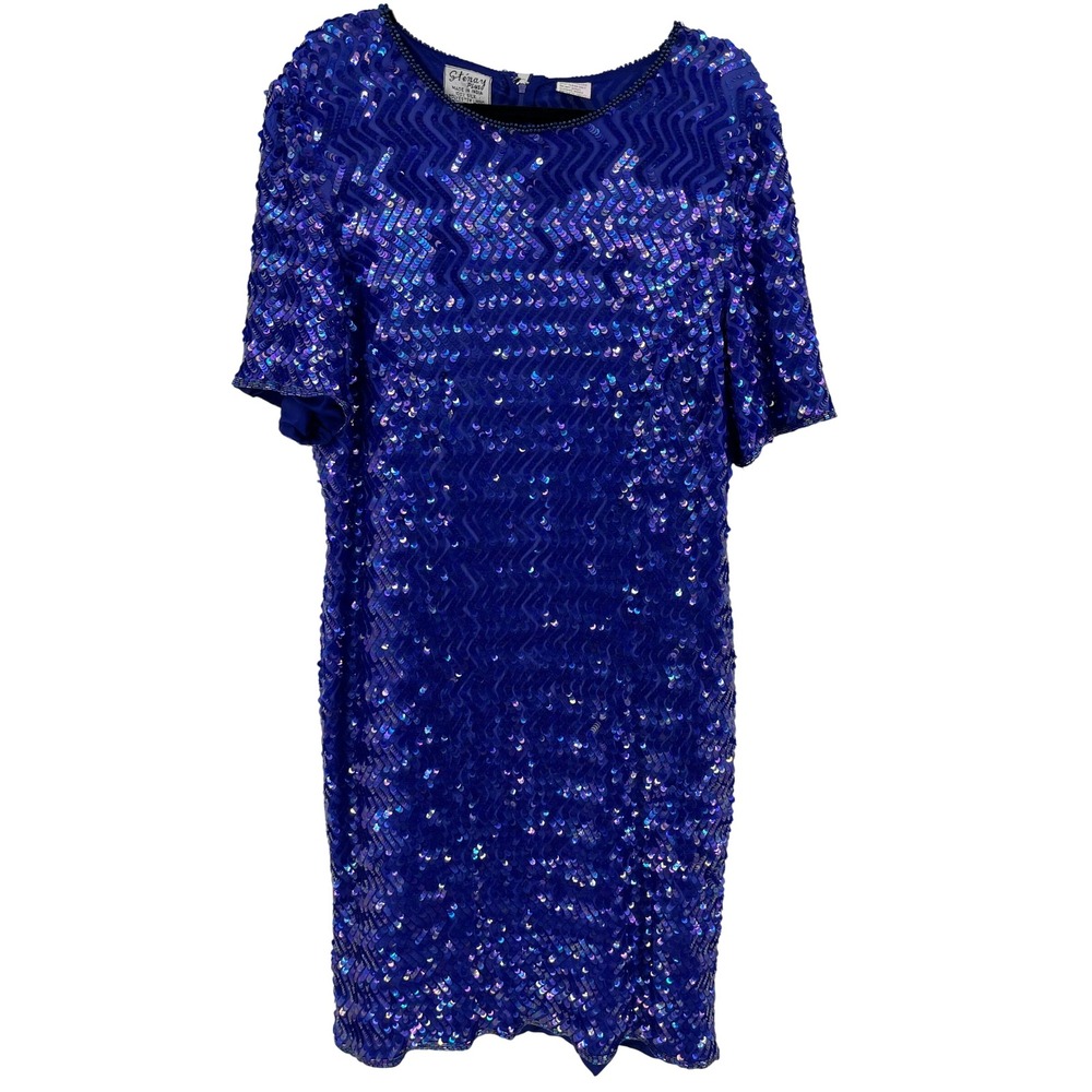 Stenay SZ 22 Sequin silk Blue Shift Dress Short Sleeve Cocktail Party Vintage 80